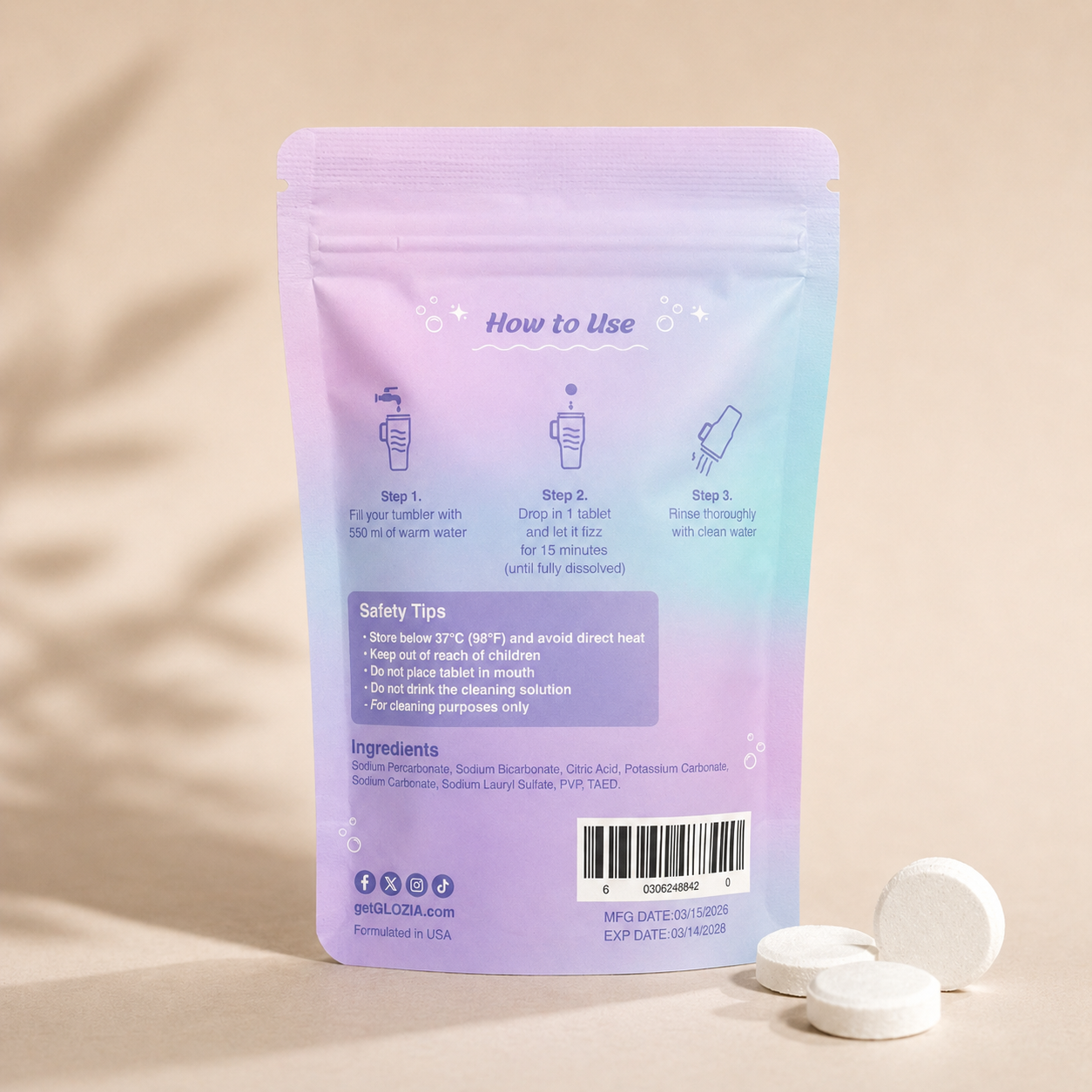 Glozia - Cleaning tablet back side of the bag