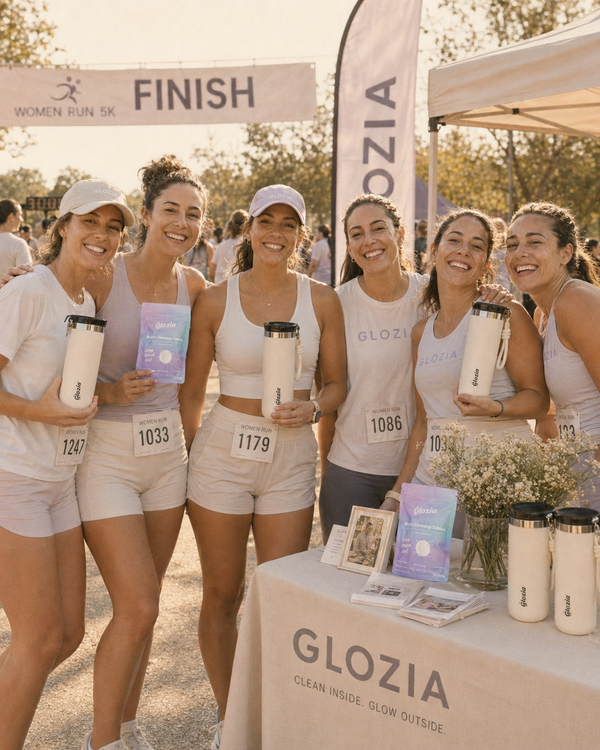 Group of women holding containers with a 'Glozia' brand presence at an event.

