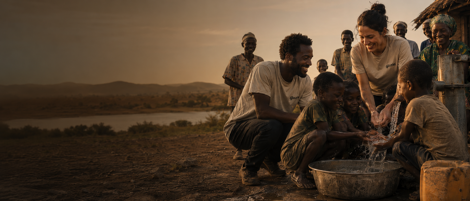 People washing dishes in a large bowl outdoors with a scenic background

