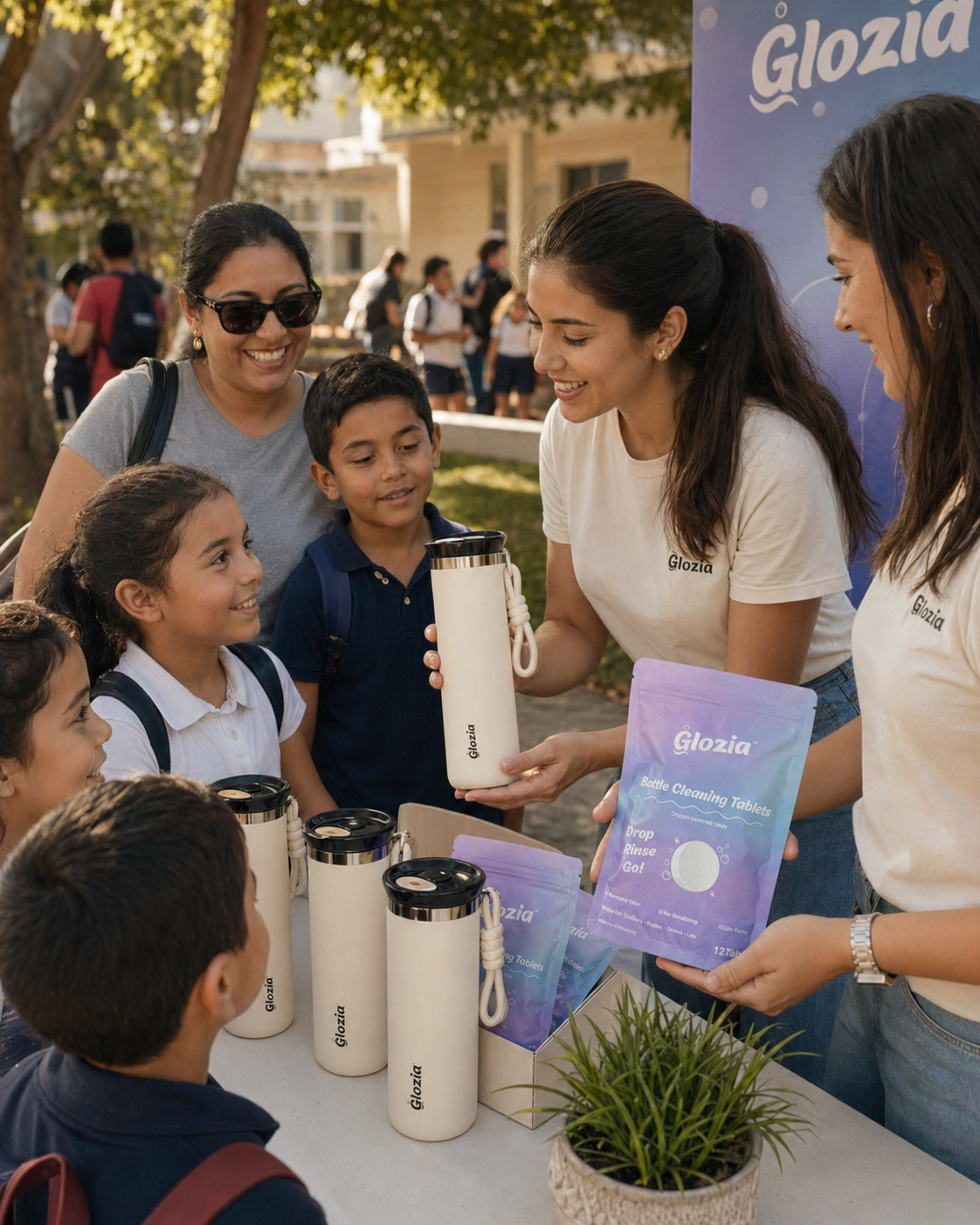 Glozia representatives interacting with children at an outdoor event.