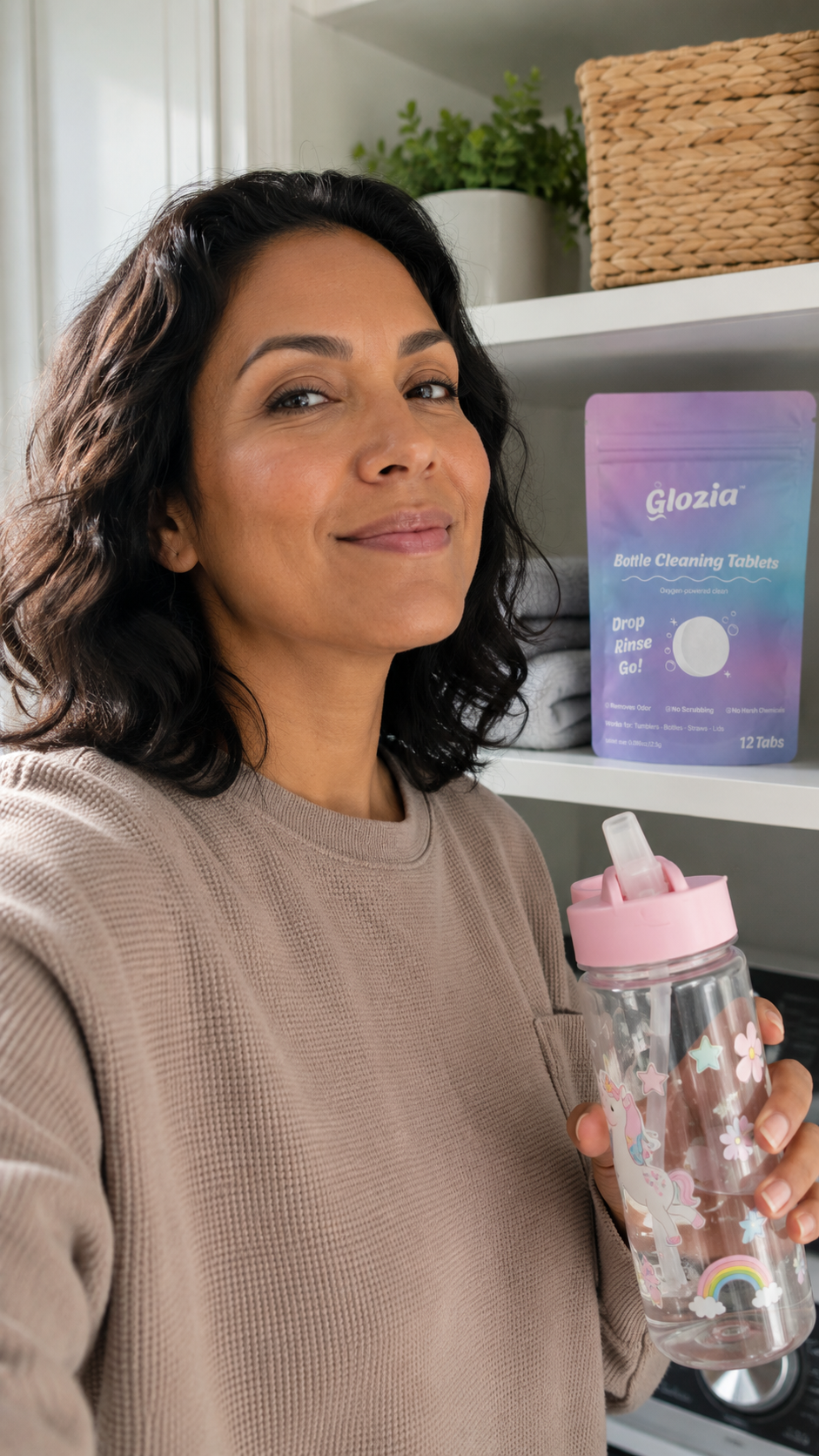 Mom holding kids tumbler
