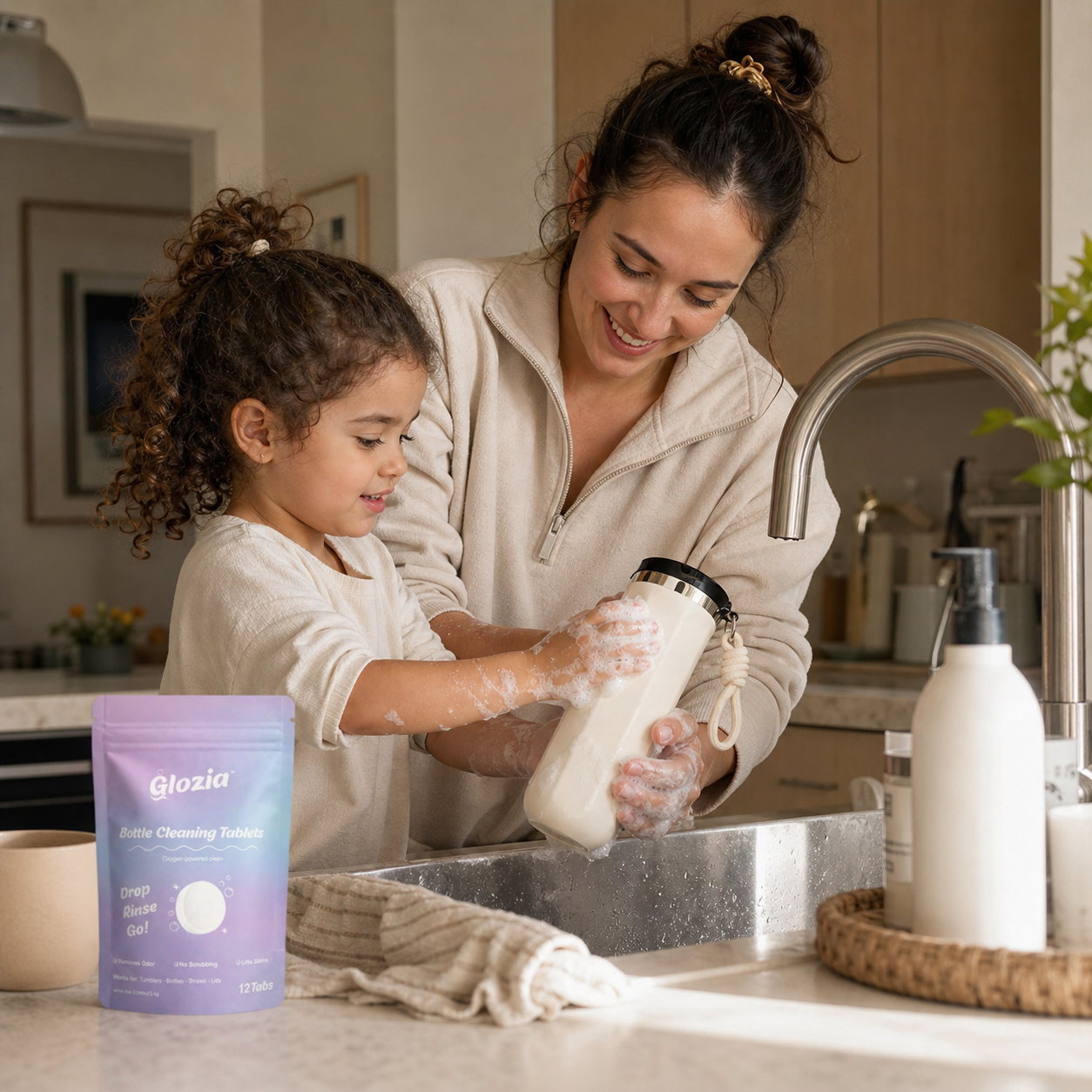 Woman and child washing hands with Glozia product in a kitchen


