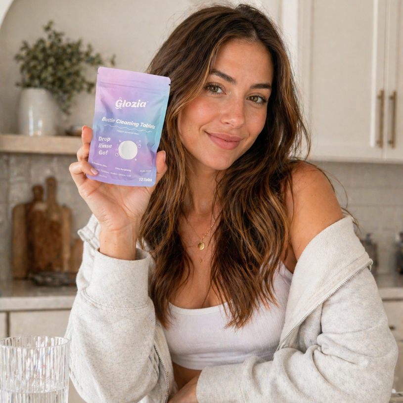 Woman holding a Glozia product in a kitchen setting