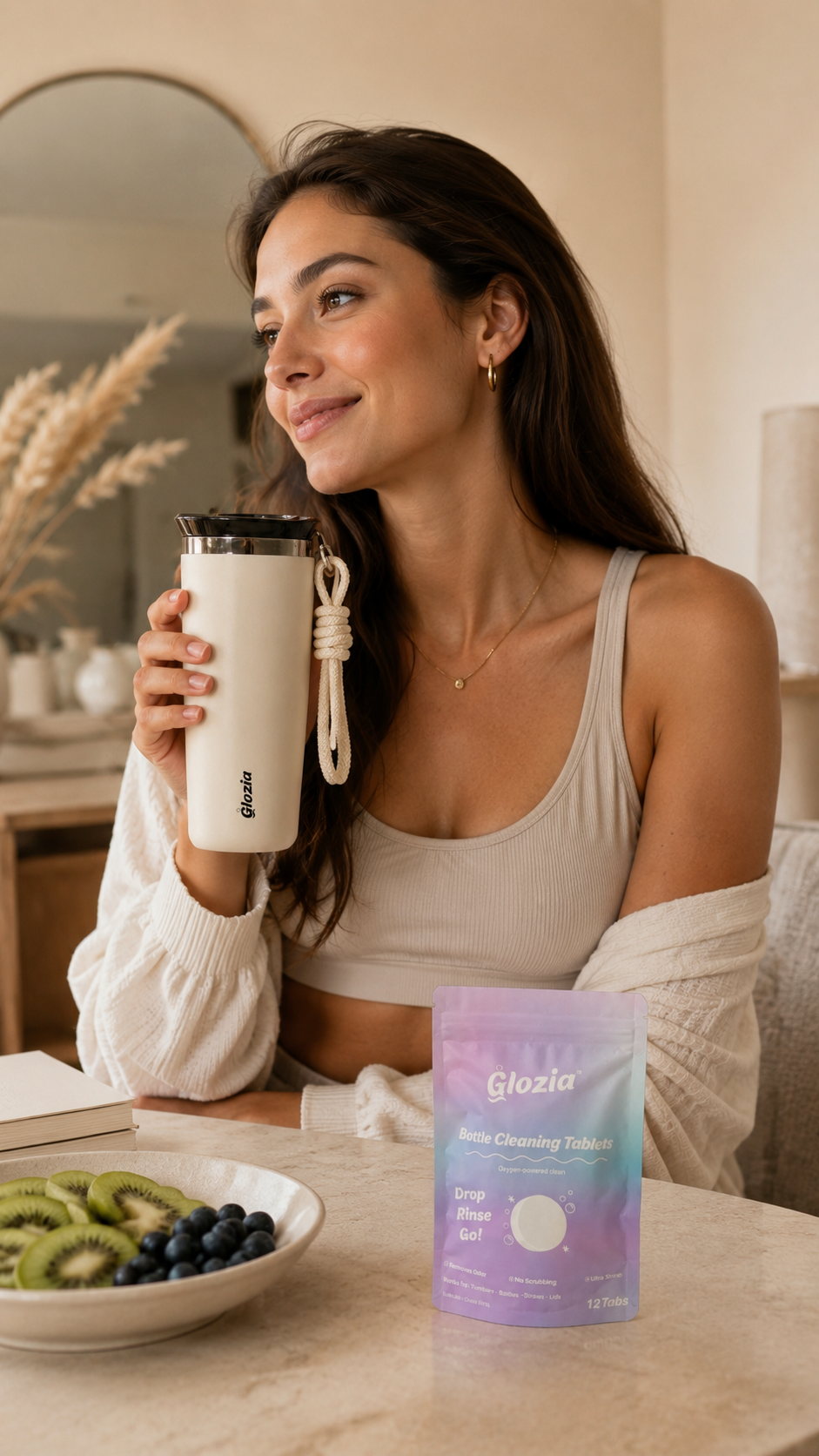 Woman holding a white tumbler with a bowl of kiwis and blueberries, and a container of Glaucia products on a table.

