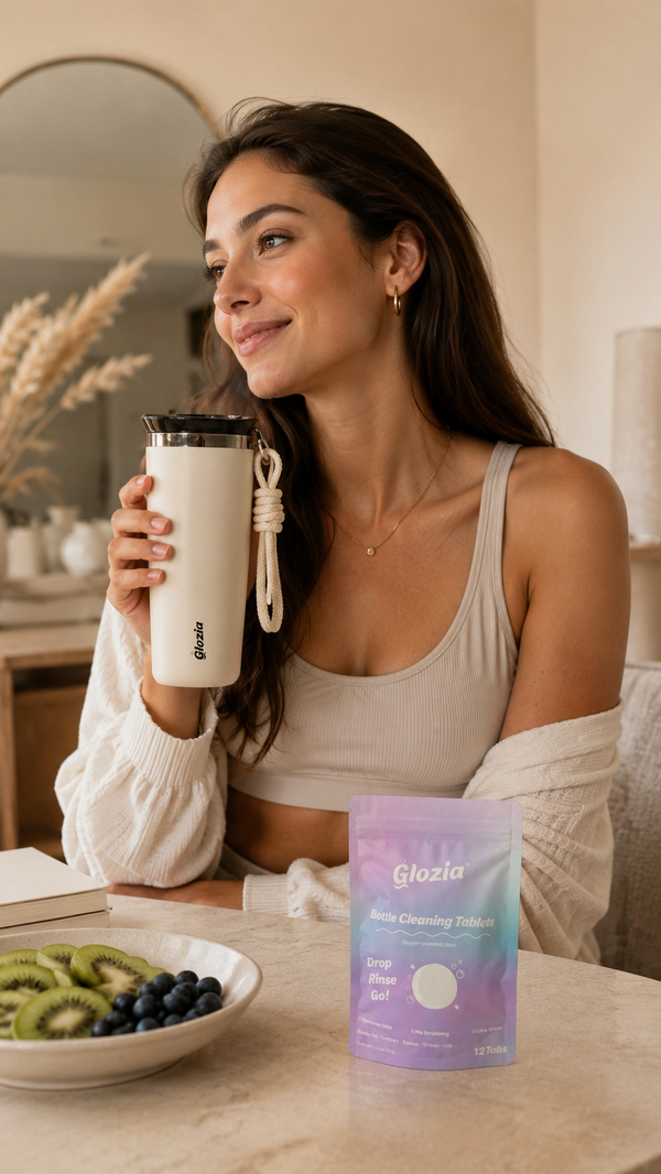 Woman holding a white tumbler with a bowl of kiwis and blueberries, and a container of Glaucia products on a table.

