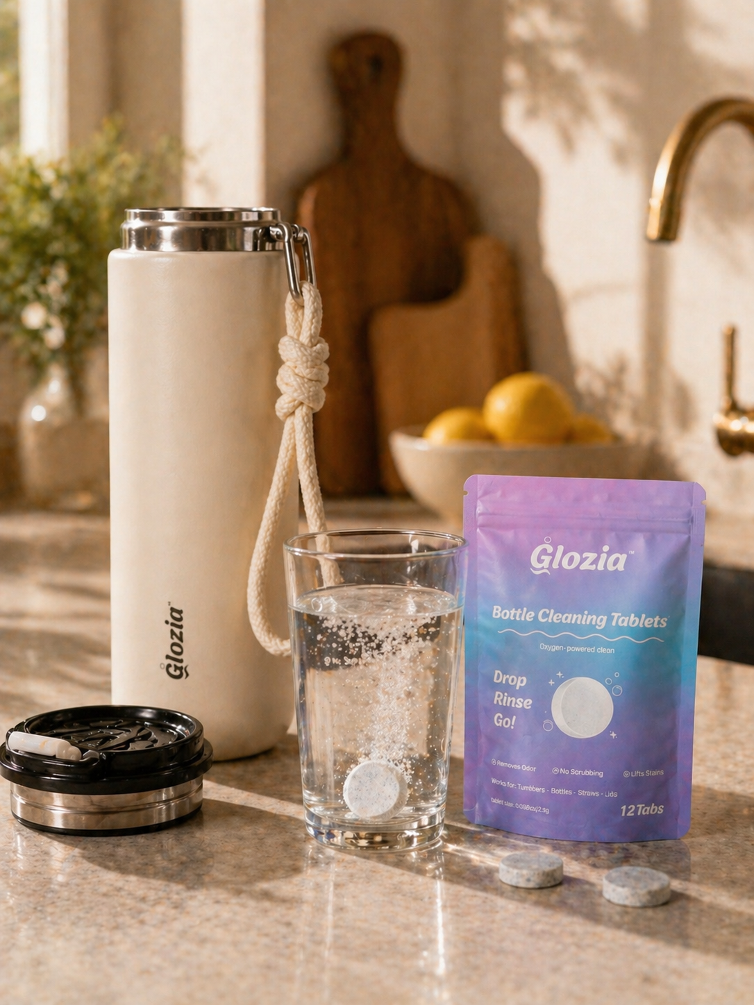 Glozia water bottle, glass of water, and cleaning tablets on a kitchen counter.

