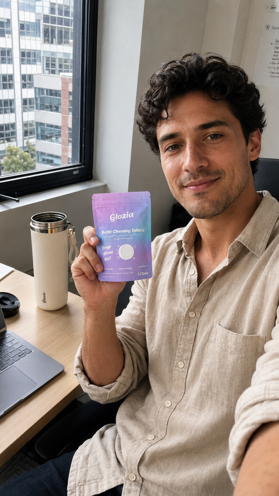 Man holding a purple supplement packet in an office setting
